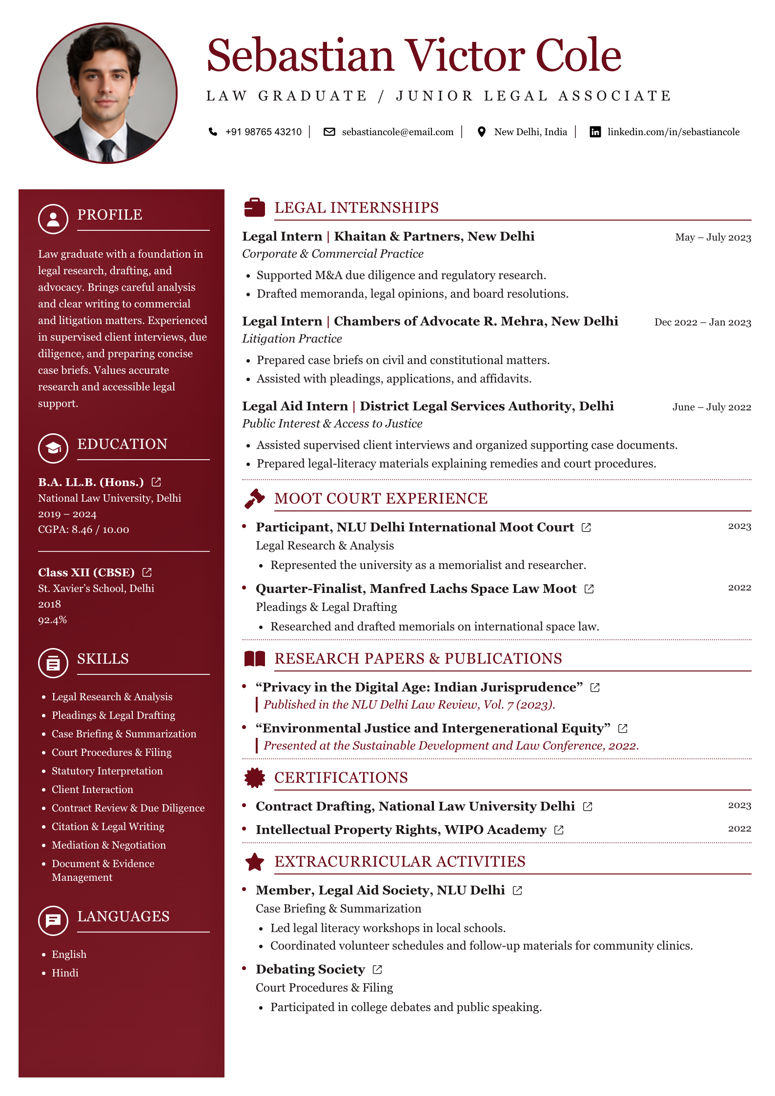 Junior Legal Associate CV template preview